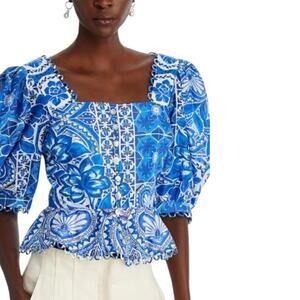 FARM RIO Women's Tile Dream Multicolor Short Puff Sleeve Peplum Blouse